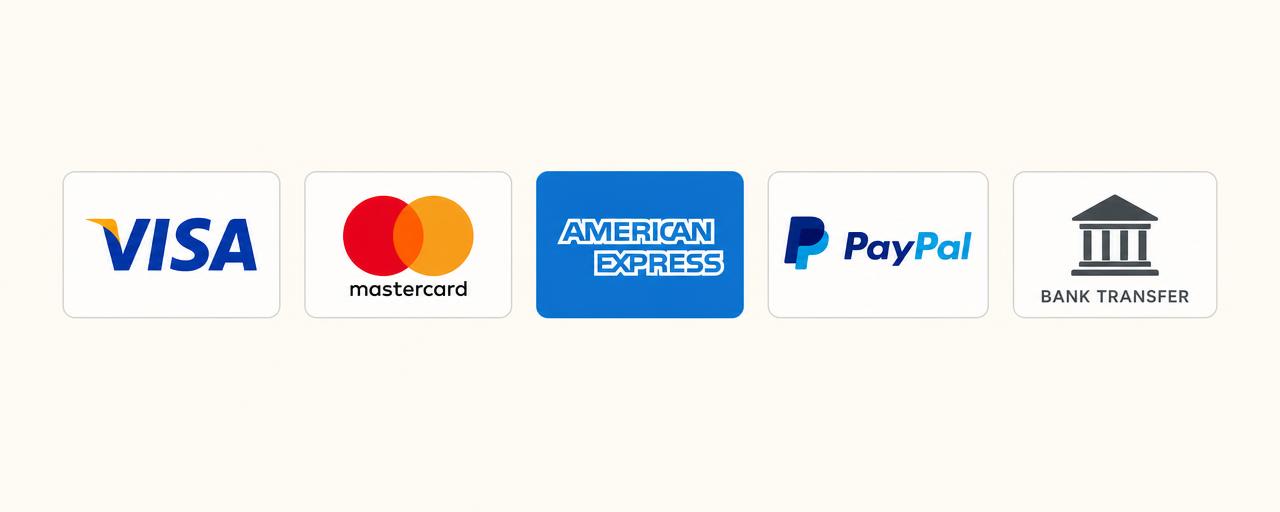 Métodos de pago disponibles: Visa, Mastercard, American Express, PayPal y transferencia bancaria